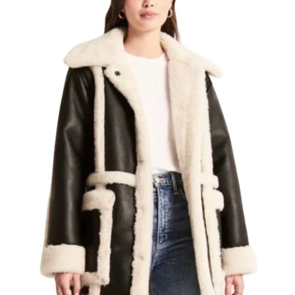 NWOT Abercrombie & Fitch Mid-length Vegan Leather & Shearling coat Women’s M - Picture 2 of 5